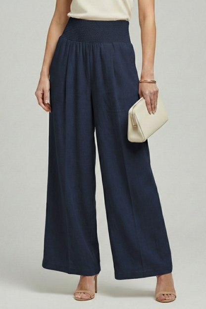 Effortless Linen Wide Leg Pants for Women with High Waist Smocked Pleated Relaxed Flowing Style