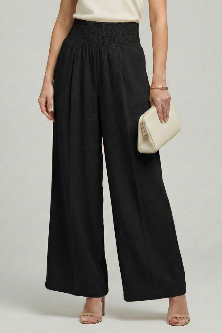 Effortless Linen Wide Leg Pants for Women with High Waist Smocked Pleated Relaxed Flowing Style