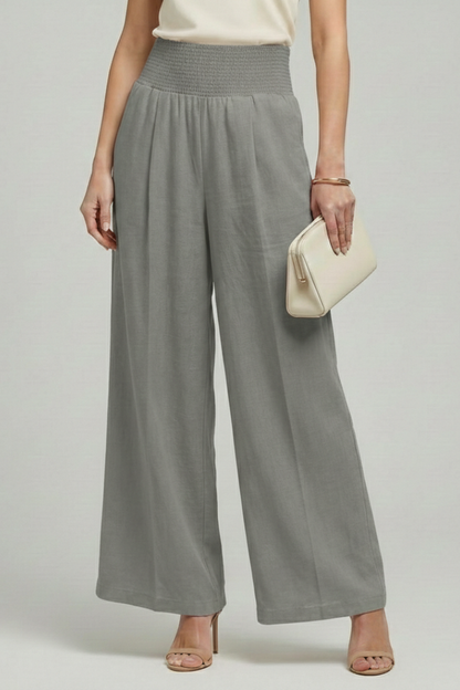 Effortless Linen Wide Leg Pants for Women with High Waist Smocked Pleated Relaxed Flowing Style