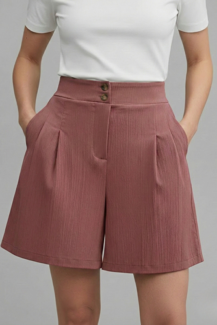 Elegant Shorts for Women with High Waist Double Button Pleated Wide Leg Pocket Tailored Casual Style