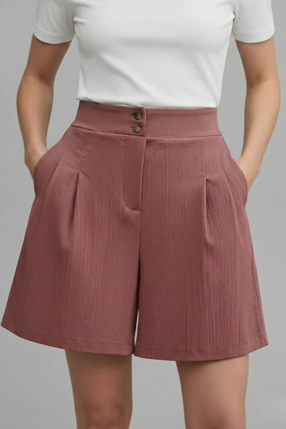 Elegant Shorts for Women with High Waist Double Button Pleated Wide Leg Pocket Tailored Casual Style