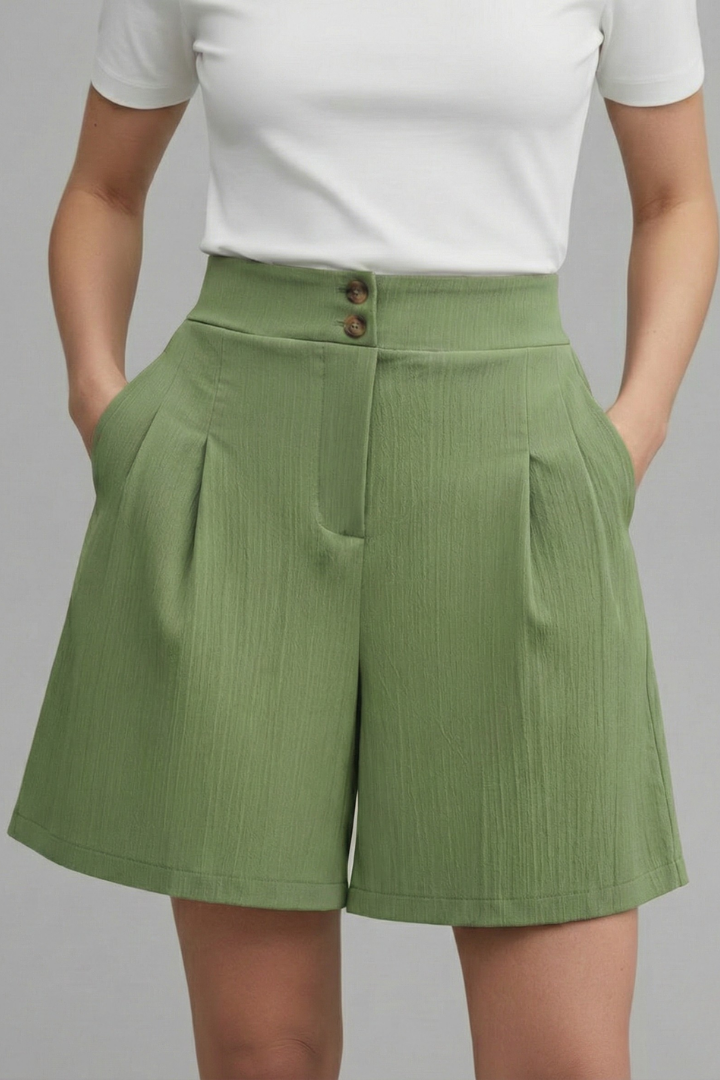 Elegant Shorts for Women with High Waist Double Button Pleated Wide Leg Pocket Tailored Casual Style