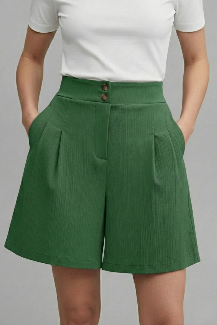 Elegant Shorts for Women with High Waist Double Button Pleated Wide Leg Pocket Tailored Casual Style