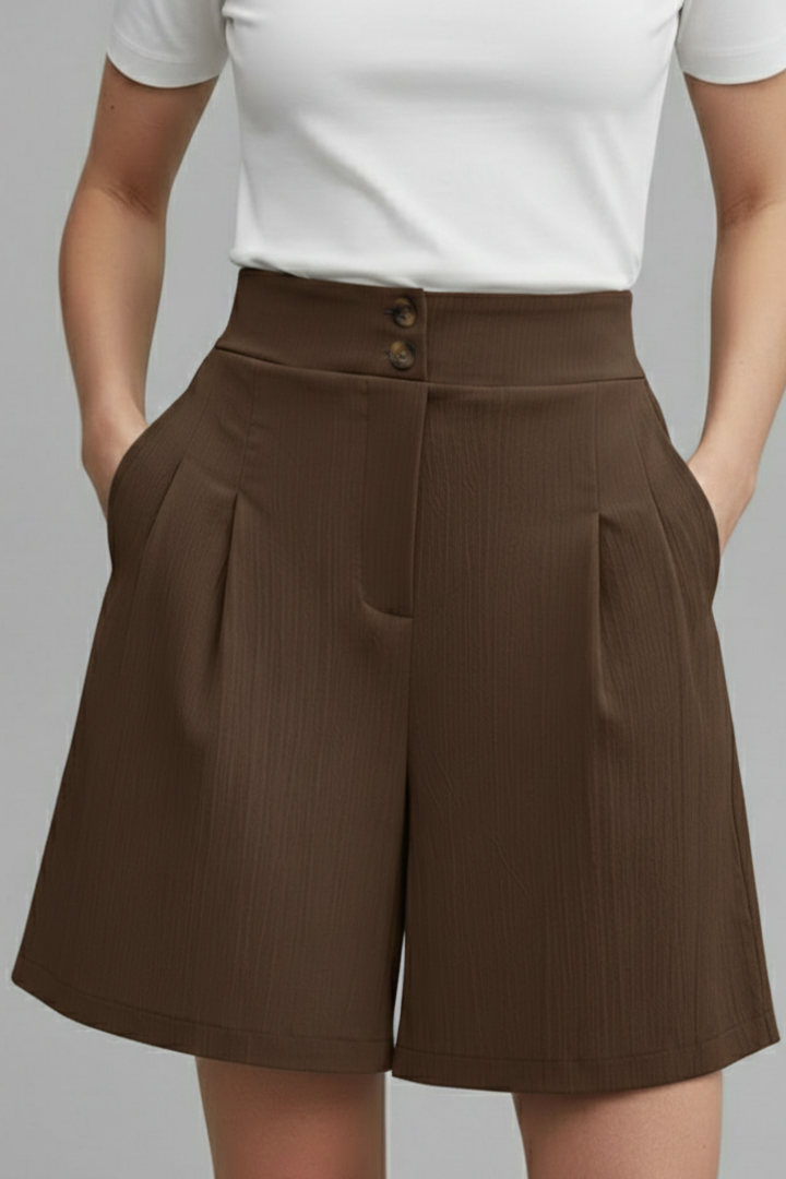 Elegant Shorts for Women with High Waist Double Button Pleated Wide Leg Pocket Tailored Casual Style