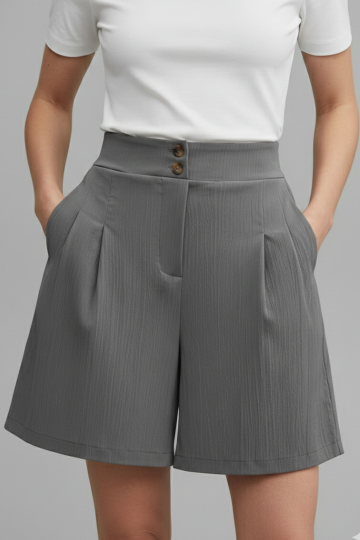 Elegant Shorts for Women with High Waist Double Button Pleated Wide Leg Pocket Tailored Casual Style