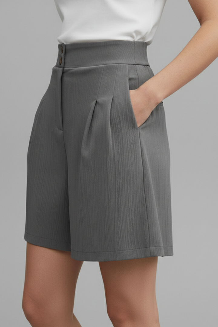 Elegant Shorts for Women with High Waist Double Button Pleated Wide Leg Pocket Tailored Casual Style