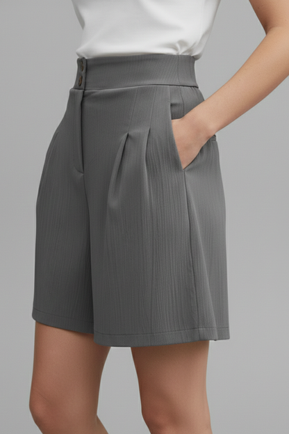 Elegant Shorts for Women with High Waist Double Button Pleated Wide Leg Pocket Tailored Casual Style