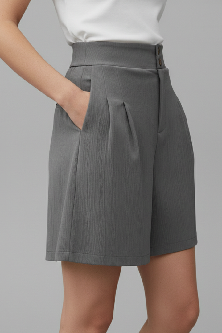 Elegant Shorts for Women with High Waist Double Button Pleated Wide Leg Pocket Tailored Casual Style