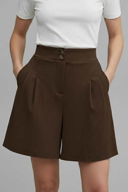 Elegant Shorts for Women with High Waist Double Button Pleated Wide Leg Pocket Tailored Casual Style