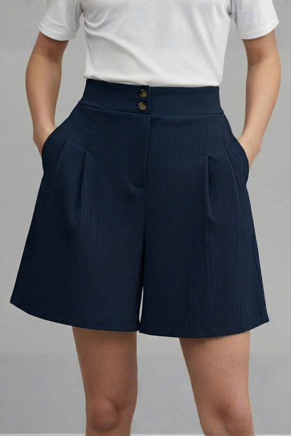 Elegant Shorts for Women with High Waist Double Button Pleated Wide Leg Pocket Tailored Casual Style