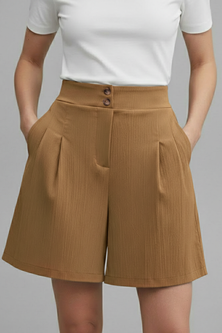 Elegant Shorts for Women with High Waist Double Button Pleated Wide Leg Pocket Tailored Casual Style