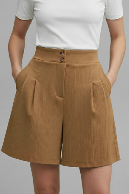Elegant Shorts for Women with High Waist Double Button Pleated Wide Leg Pocket Tailored Casual Style