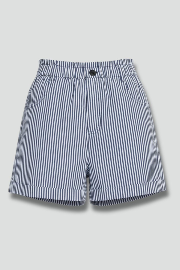 Effortless Navy Striped Bermuda Shorts for Women with High Waist Pleated Cuffed Relaxed Casual Style