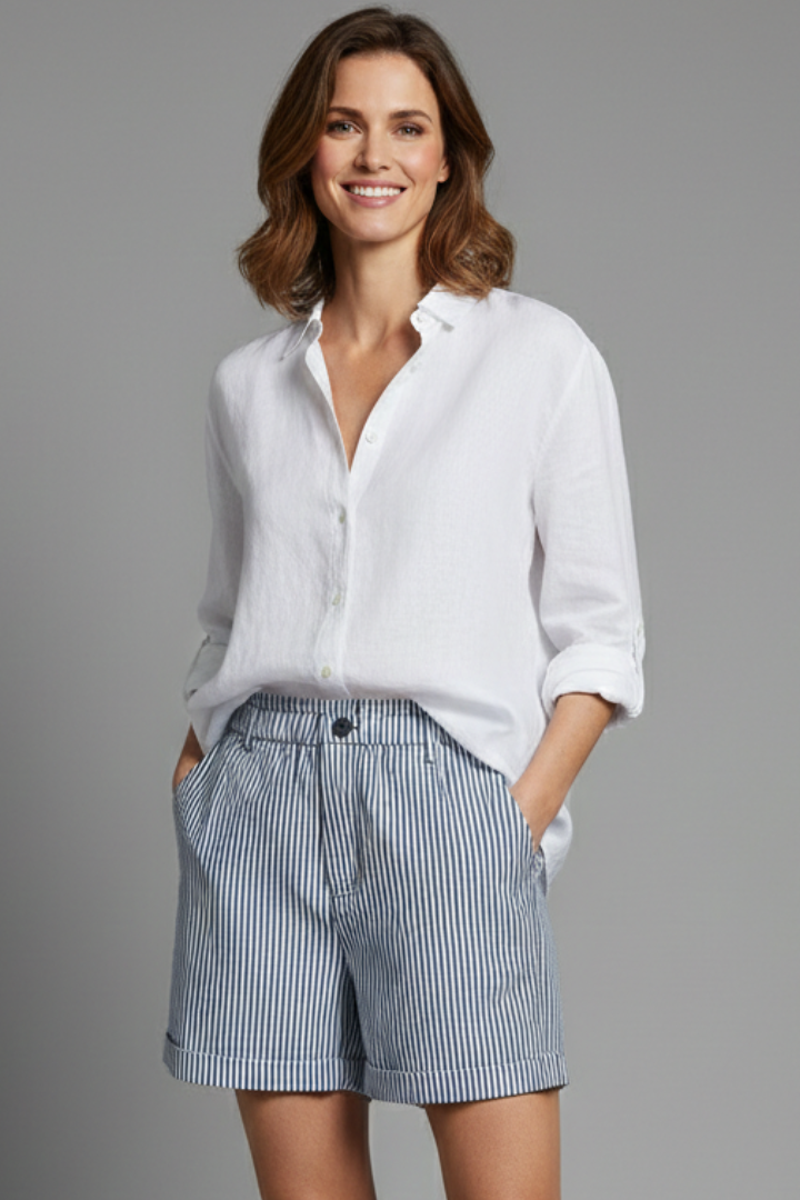 Effortless Navy Striped Bermuda Shorts for Women with High Waist Pleated Cuffed Relaxed Casual Style