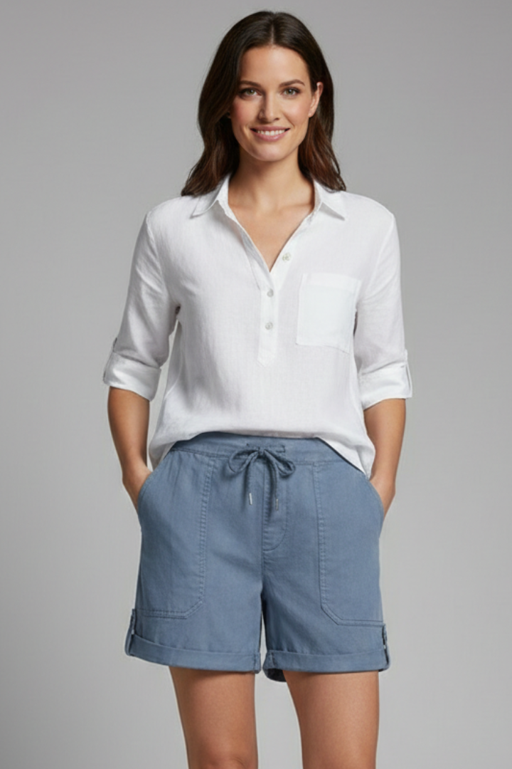 Effortless Blue Linen Shorts for Women with Drawstring Waist Cuffed Hem Relaxed Casual Style