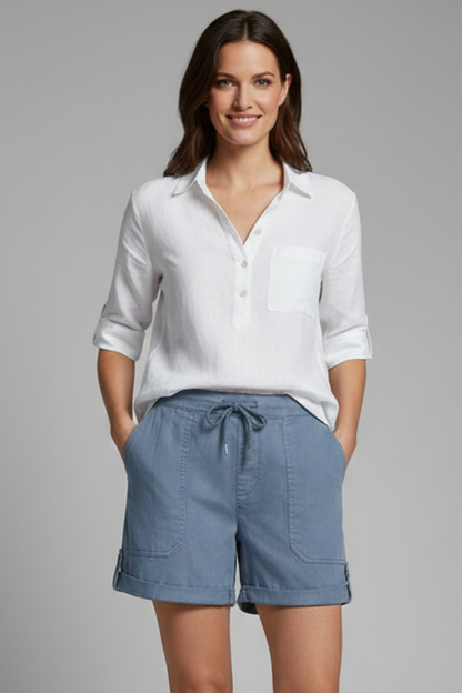 Effortless Blue Linen Shorts for Women with Drawstring Waist Cuffed Hem Relaxed Casual Style