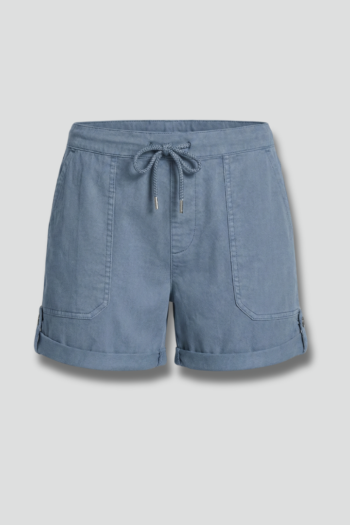Effortless Blue Linen Shorts for Women with Drawstring Waist Cuffed Hem Relaxed Casual Style