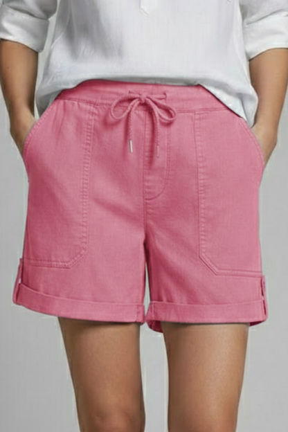 Effortless Blue Linen Shorts for Women with Drawstring Waist Cuffed Hem Relaxed Casual Style