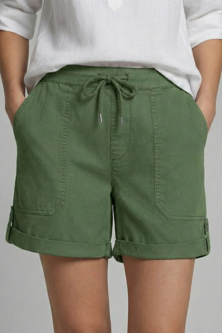 Effortless Blue Linen Shorts for Women with Drawstring Waist Cuffed Hem Relaxed Casual Style