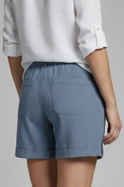 Effortless Blue Linen Shorts for Women with Drawstring Waist Cuffed Hem Relaxed Casual Style