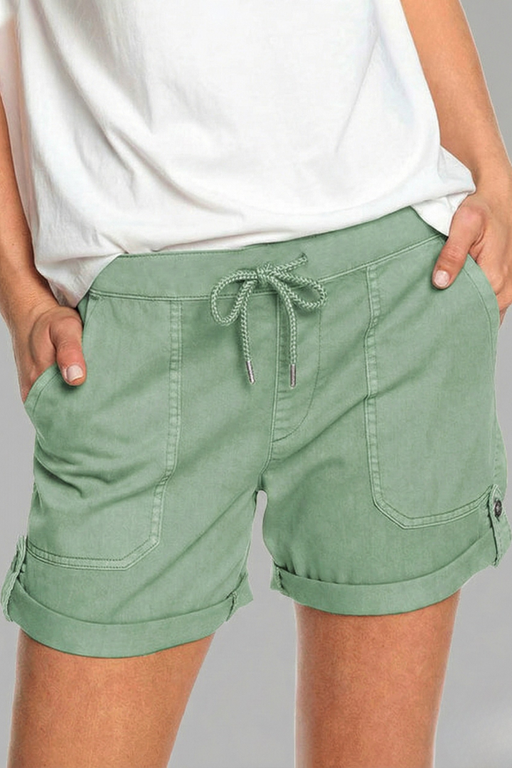 Effortless Blue Linen Shorts for Women with Drawstring Waist Cuffed Hem Relaxed Casual Style