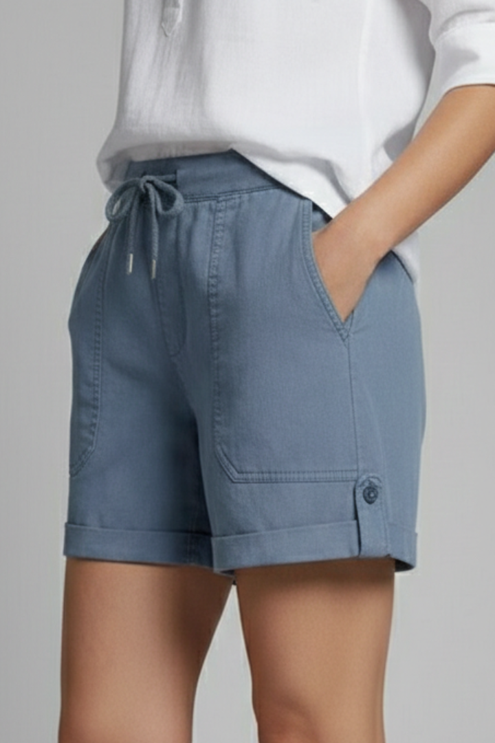 Effortless Blue Linen Shorts for Women with Drawstring Waist Cuffed Hem Relaxed Casual Style