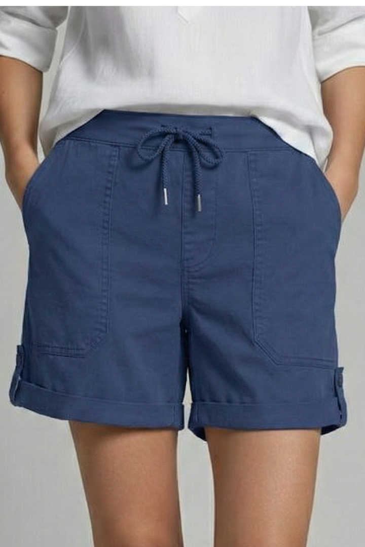Effortless Blue Linen Shorts for Women with Drawstring Waist Cuffed Hem Relaxed Casual Style