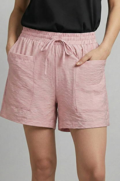 Effortless Black Textured Bermuda Shorts for Women with Elastic Waist Drawstring Patch Pocket Relaxed Style