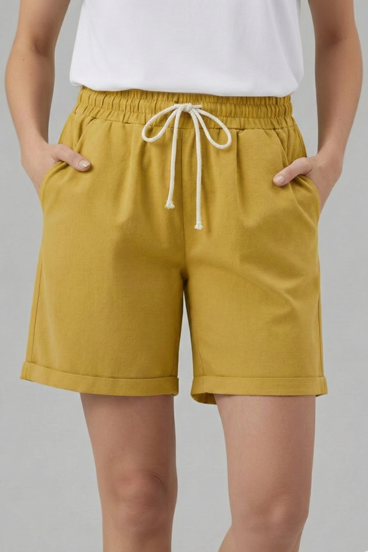 Comfortable Khaki Bermuda Shorts for Women with Elastic Waist Drawstring Cuffed Relaxed Casual Style