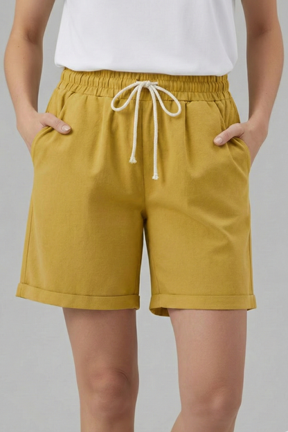 Comfortable Khaki Bermuda Shorts for Women with Elastic Waist Drawstring Cuffed Relaxed Casual Style