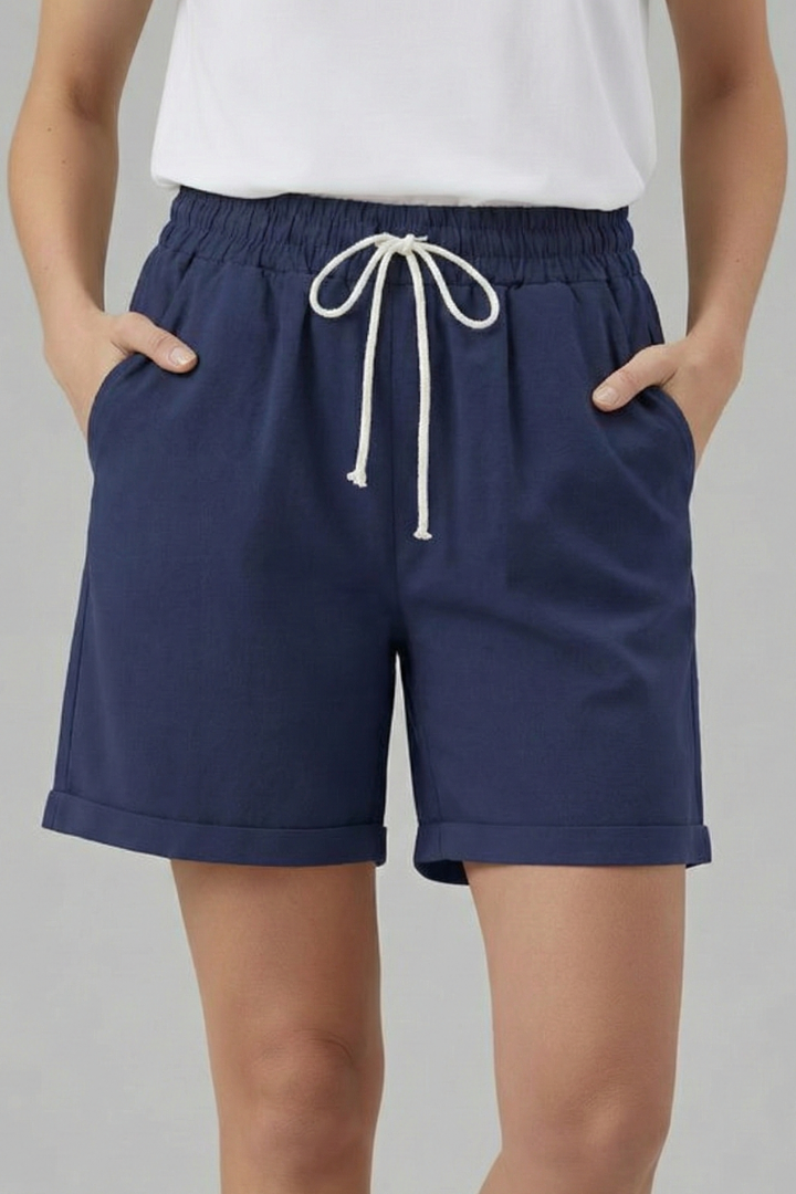 Comfortable Khaki Bermuda Shorts for Women with Elastic Waist Drawstring Cuffed Relaxed Casual Style