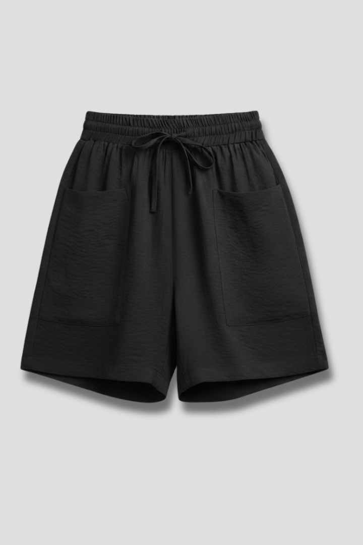 Effortless Black Textured Bermuda Shorts for Women with Elastic Waist Drawstring Patch Pocket Relaxed Style