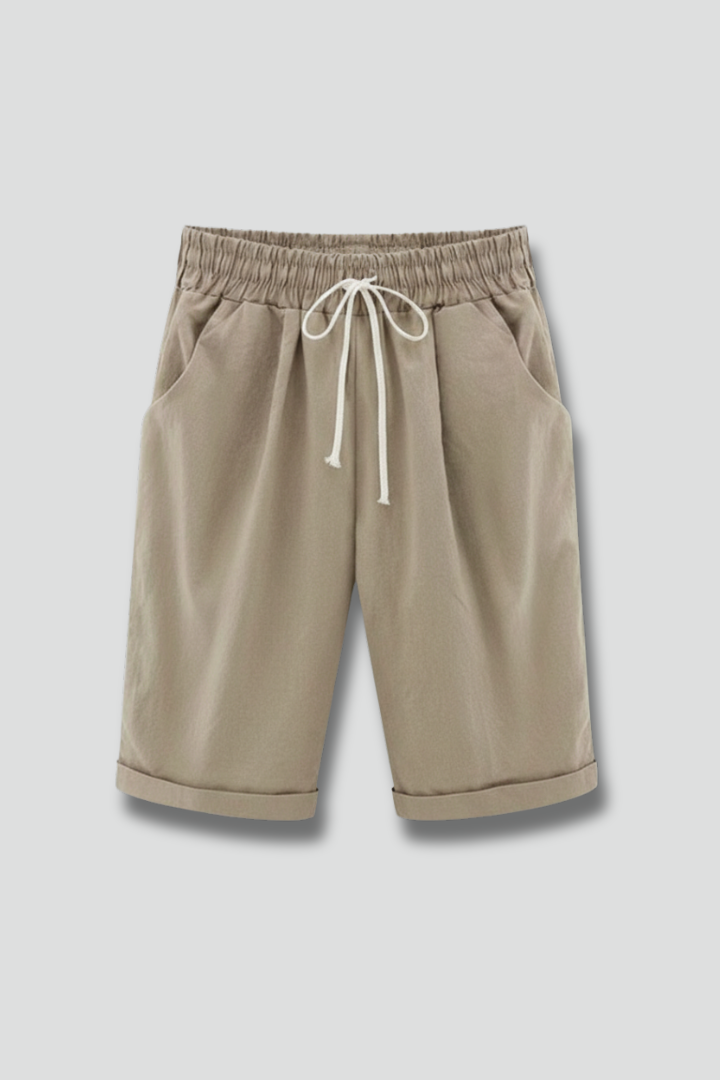 Comfortable Khaki Bermuda Shorts for Women with Elastic Waist Drawstring Cuffed Relaxed Casual Style