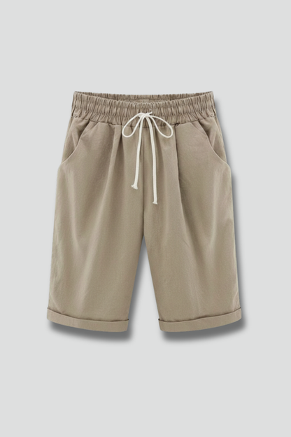 Comfortable Khaki Bermuda Shorts for Women with Elastic Waist Drawstring Cuffed Relaxed Casual Style