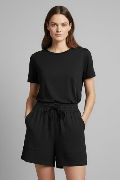 Effortless Black Textured Bermuda Shorts for Women with Elastic Waist Drawstring Patch Pocket Relaxed Style