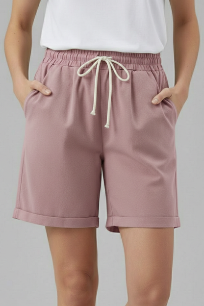 Comfortable Khaki Bermuda Shorts for Women with Elastic Waist Drawstring Cuffed Relaxed Casual Style