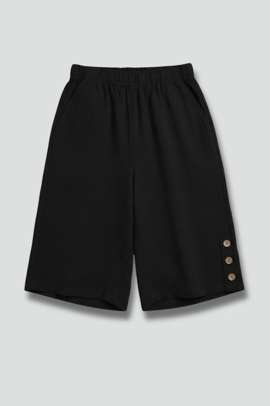Effortless Wide Leg Shorts for Women with Elastic High Waist Side Button Hem Pocket Casual Style
