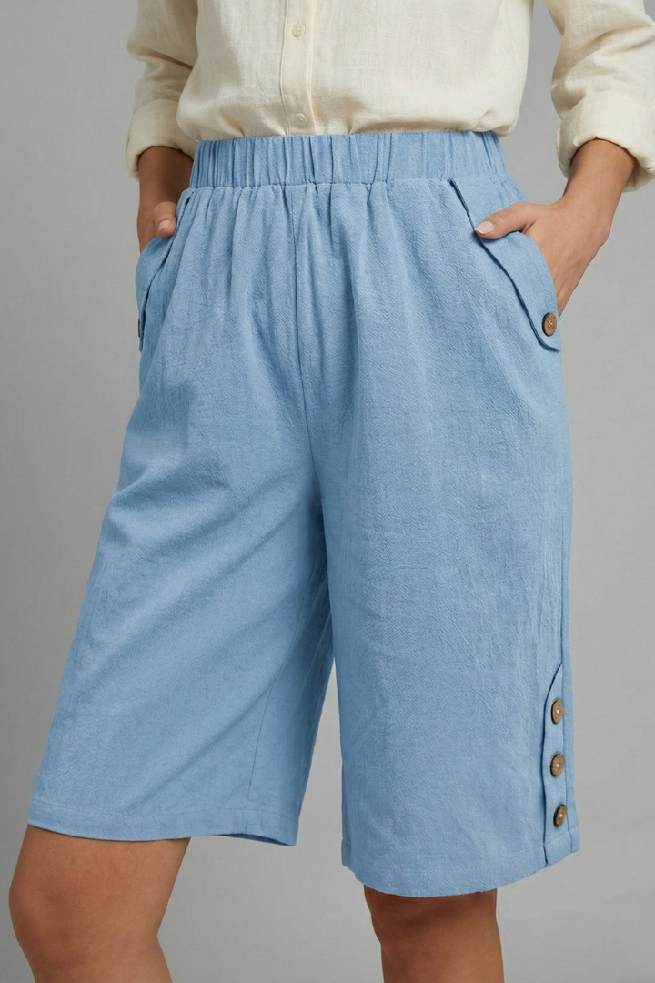 Effortless Wide Leg Shorts for Women with Elastic High Waist Side Button Hem Pocket Casual Style