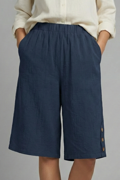 Effortless Wide Leg Shorts for Women with Elastic High Waist Side Button Hem Pocket Casual Style
