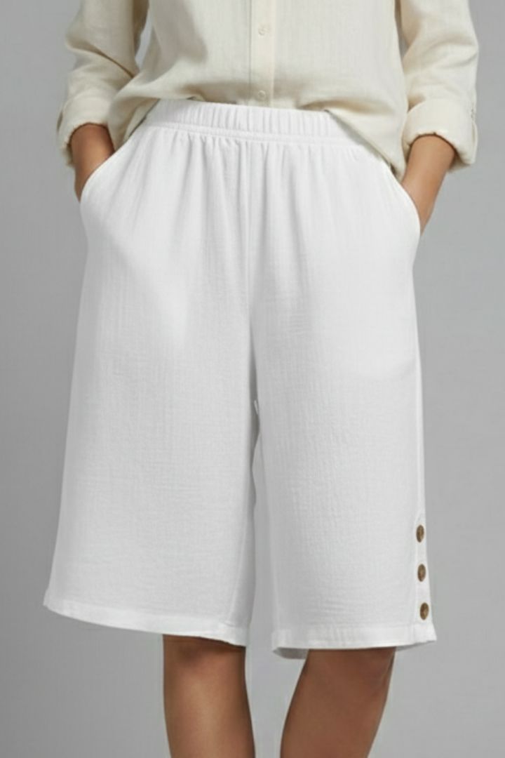 Effortless Wide Leg Shorts for Women with Elastic High Waist Side Button Hem Pocket Casual Style