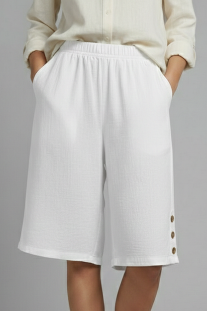 Effortless Wide Leg Shorts for Women with Elastic High Waist Side Button Hem Pocket Casual Style