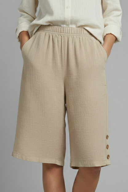 Effortless Wide Leg Shorts for Women with Elastic High Waist Side Button Hem Pocket Casual Style