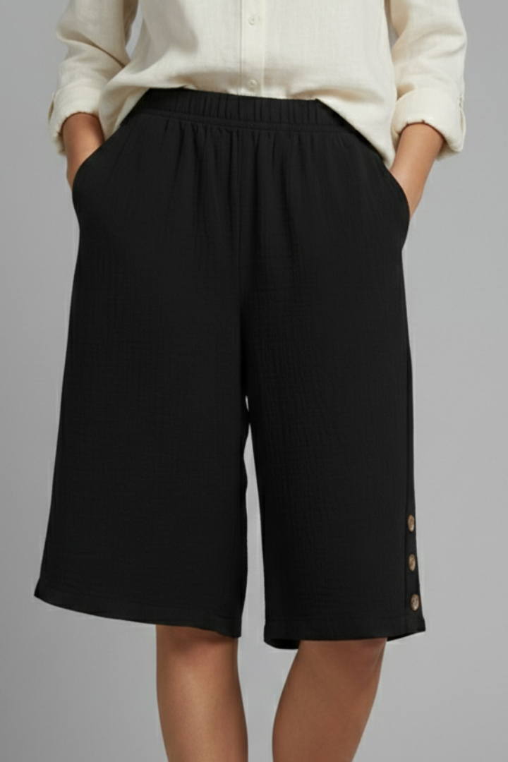 Effortless Wide Leg Shorts for Women with Elastic High Waist Side Button Hem Pocket Casual Style
