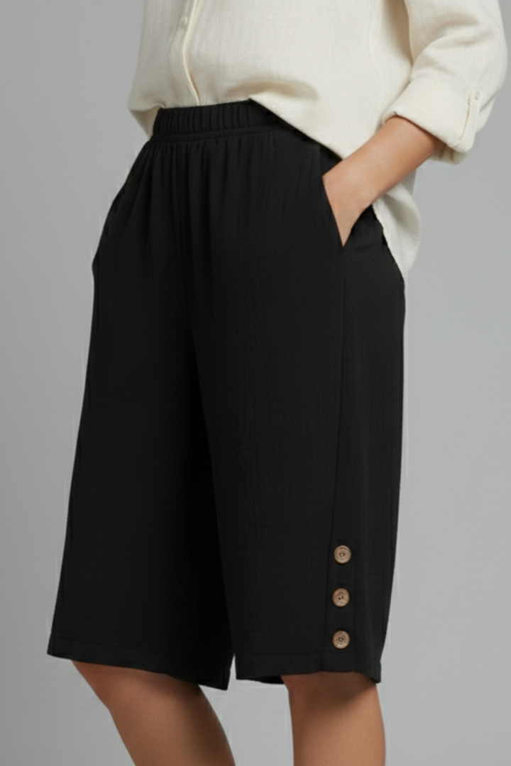 Effortless Wide Leg Shorts for Women with Elastic High Waist Side Button Hem Pocket Casual Style