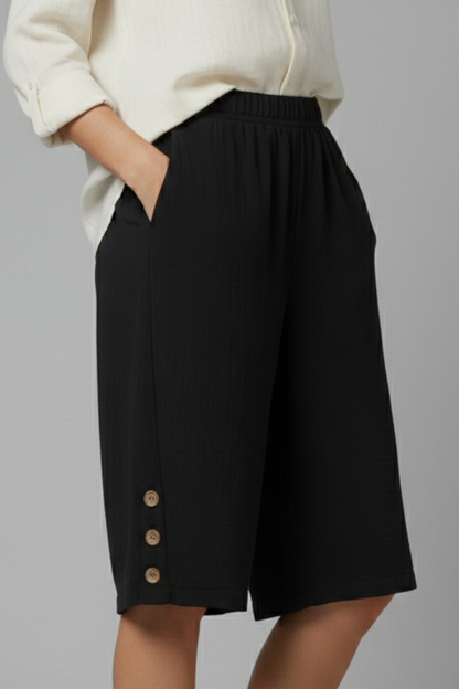 Effortless Wide Leg Shorts for Women with Elastic High Waist Side Button Hem Pocket Casual Style