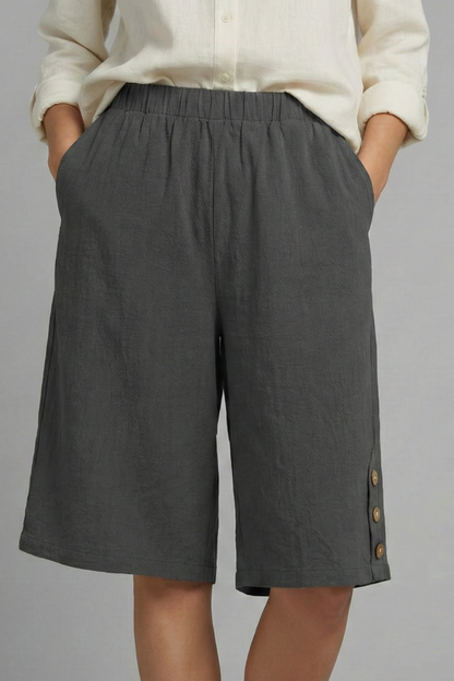 Effortless Wide Leg Shorts for Women with Elastic High Waist Side Button Hem Pocket Casual Style