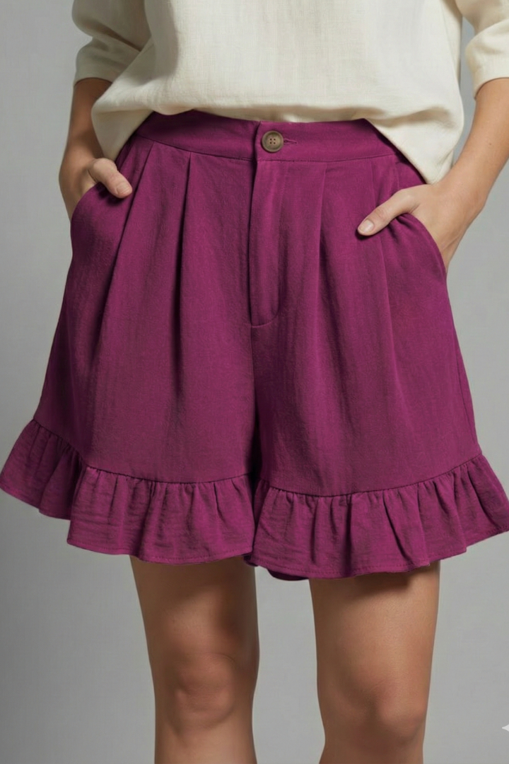 Effortless Shorts for Women with High Waist Button Pleated Ruffle Hem Pocket Casual Summer Style