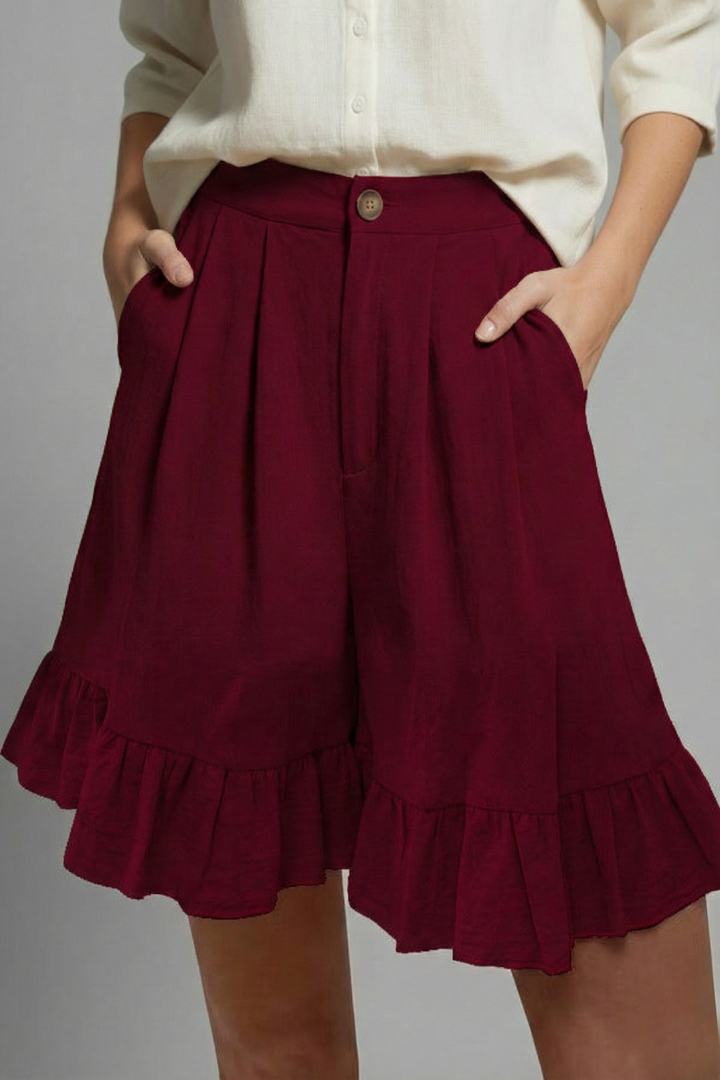 Effortless Shorts for Women with High Waist Button Pleated Ruffle Hem Pocket Casual Summer Style