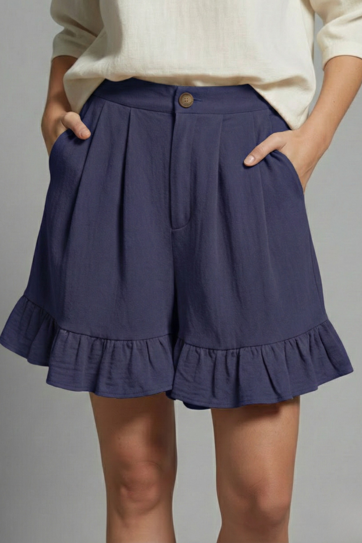Effortless Shorts for Women with High Waist Button Pleated Ruffle Hem Pocket Casual Summer Style