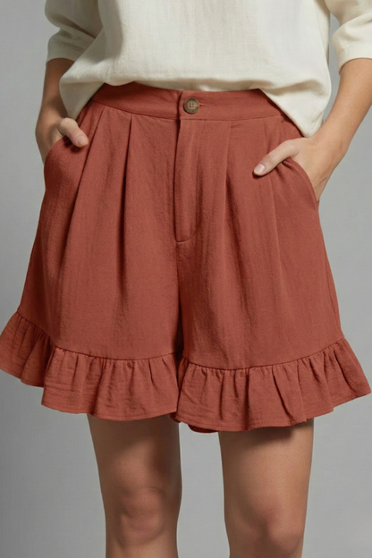 Effortless Shorts for Women with High Waist Button Pleated Ruffle Hem Pocket Casual Summer Style